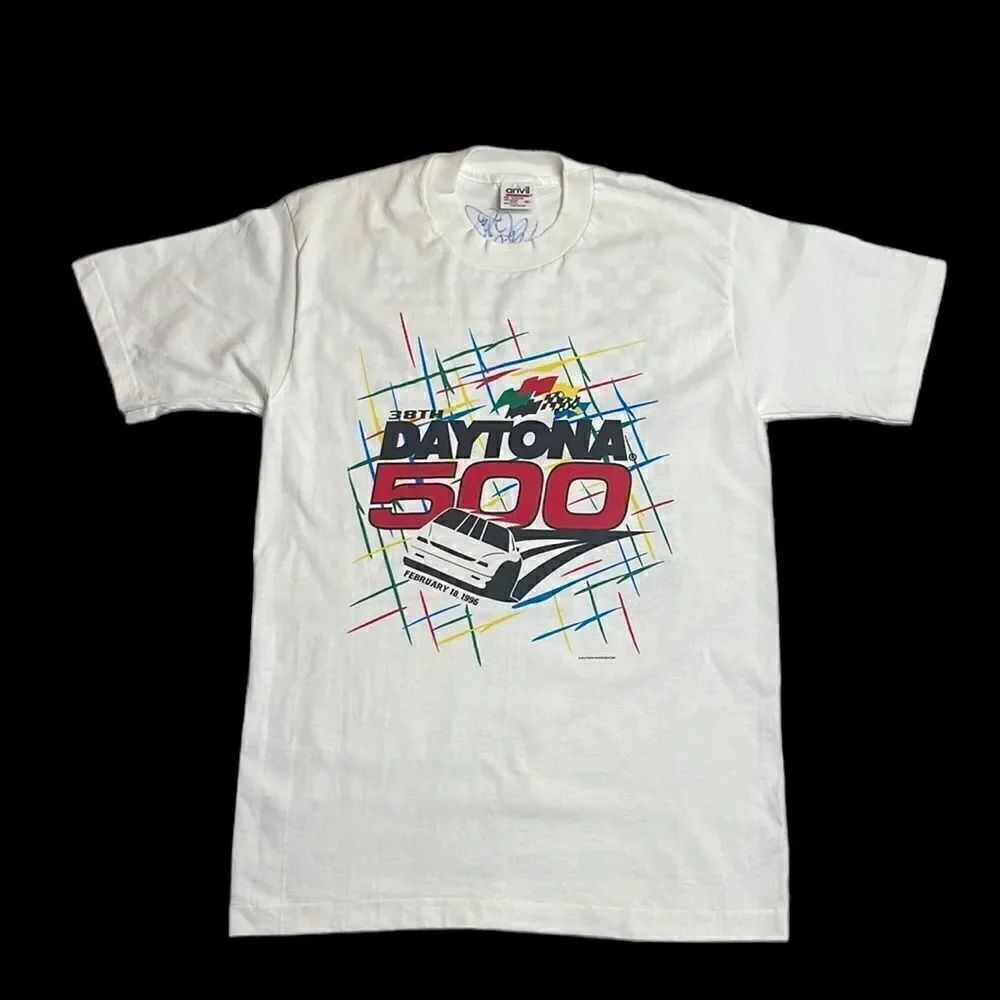 Signed by Dale Earnhardt Daytona 500 1996 Vintage NASCAR T-shirt Anvil white Med